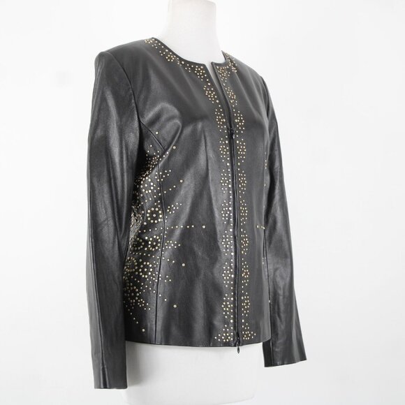 Dana Buchman Sz 12 Black Gold Stud Zipper 100% Leather Acetate Lined Jacket - Picture 4 of 16